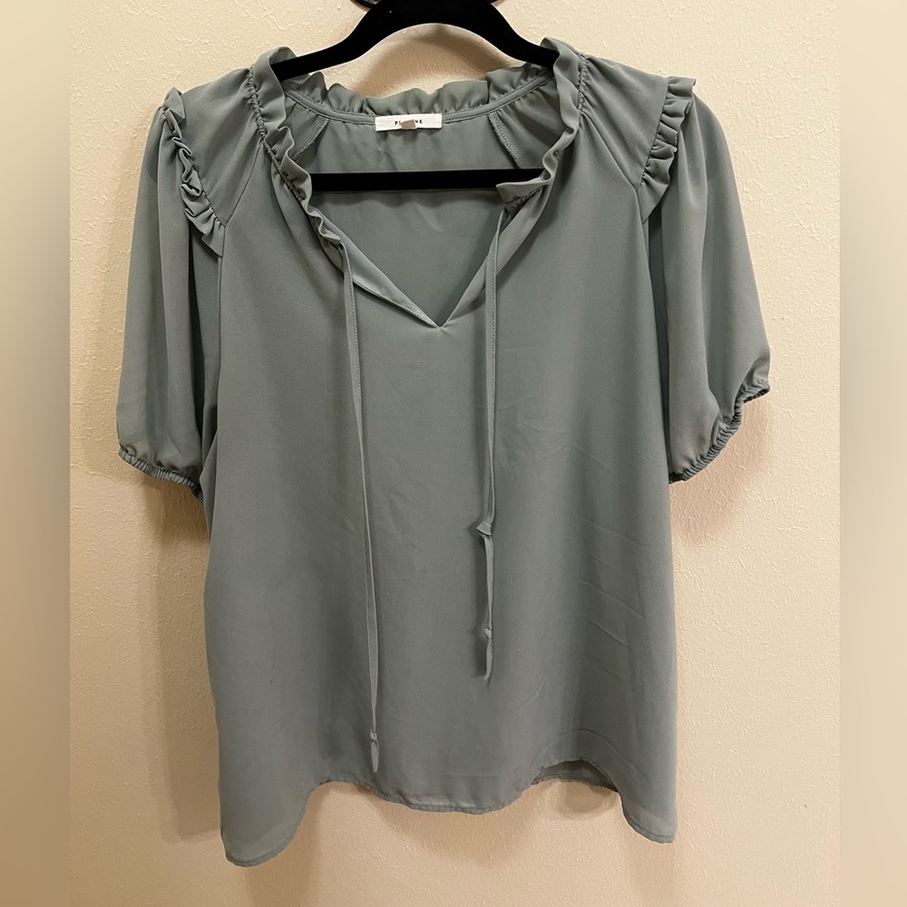 Pleione Ruffled Tie-Neck Blouse in Sage Green